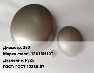 Заглушка нержавеющая 250 Сталь: 12Х18Н10Т Ру25 ГОСТ: ГОСТ 12836-67